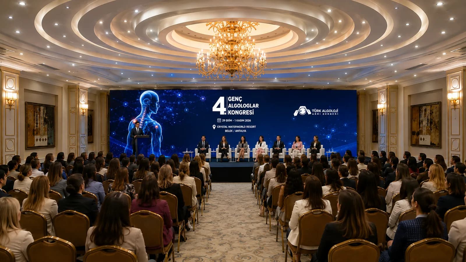 Kongre açılış oturumu — sahnede panel, arkada dev ekranda kongre görseli
